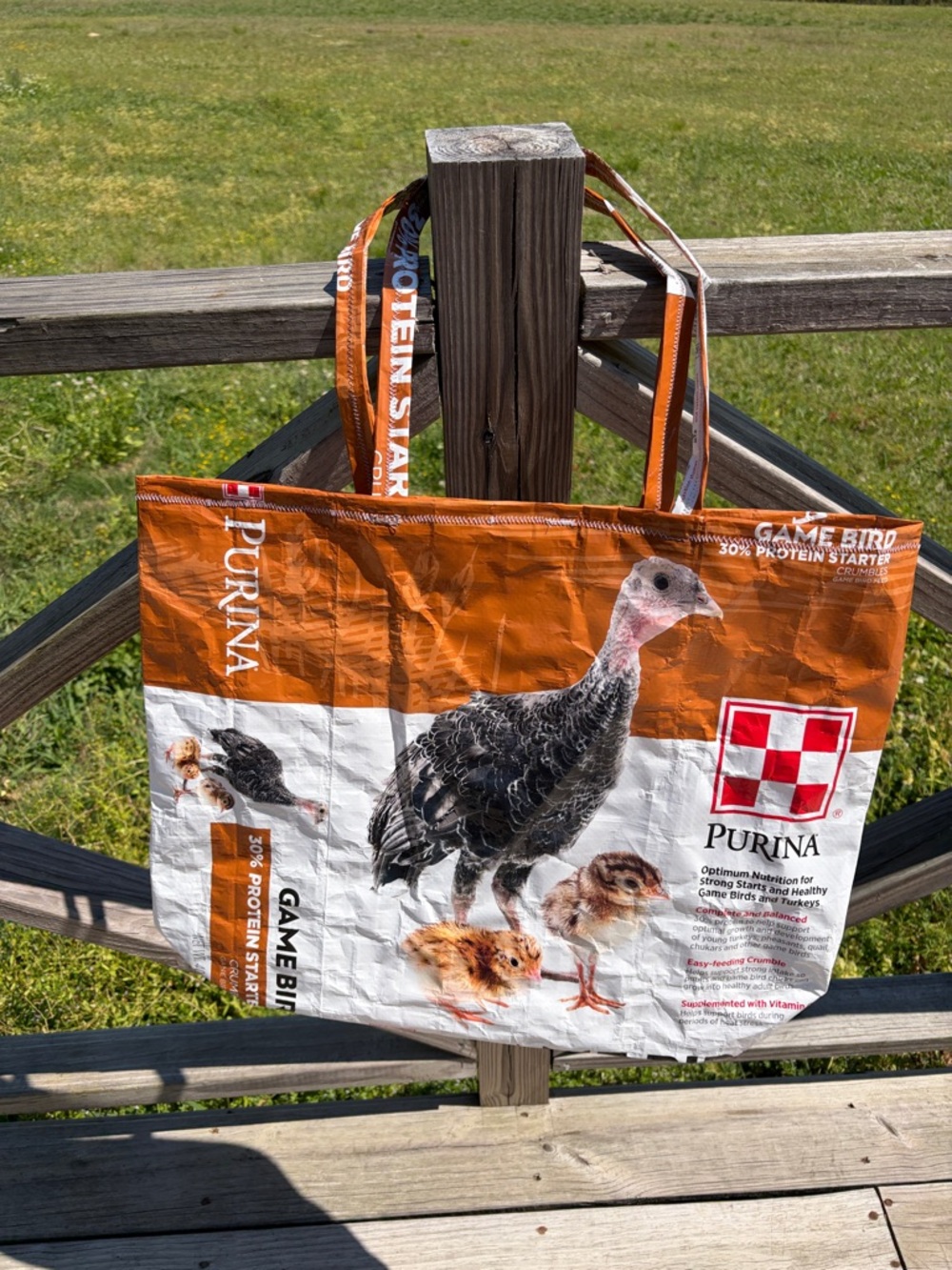 Hand Crafted Purina Orange and White Recycled Feed Bag Tote - Picture 2 of 4
